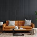 mockup wall dark living room interior background with leather sofa table empty dark wooden wall 3d rendering 1