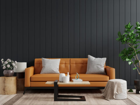 mockup wall dark living room interior background with leather sofa table empty dark wooden wall 3d rendering 1